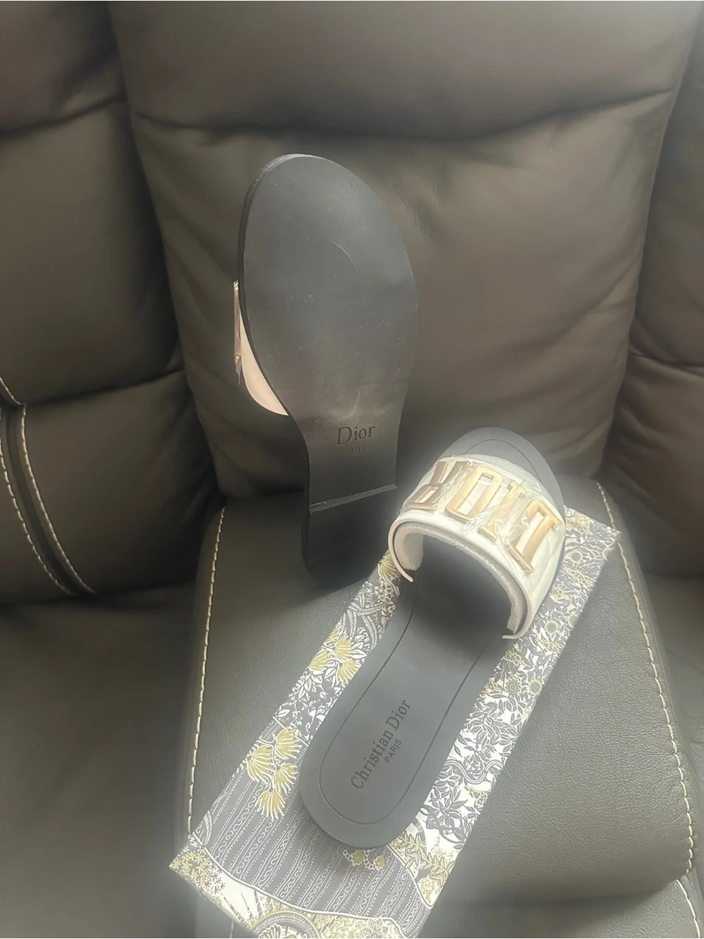 White and Gold Logo Kids Slide Sandals